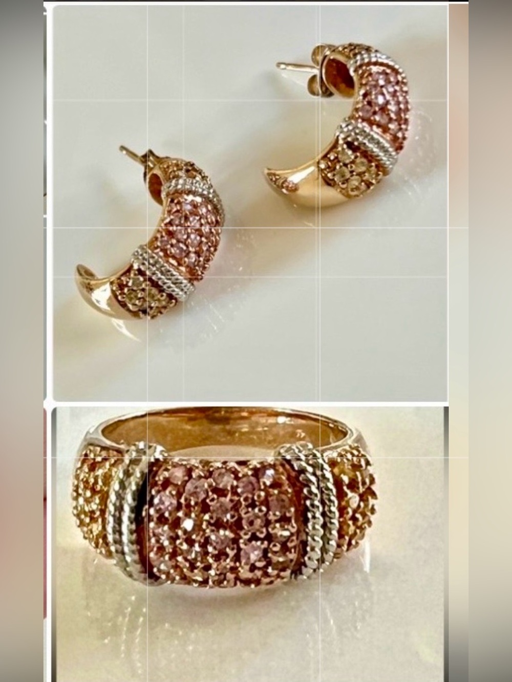 Ross Simons 925 Vermeil CZ Rose Pink Champagne Pavé Ring/Hoop Earrings Set sz 7